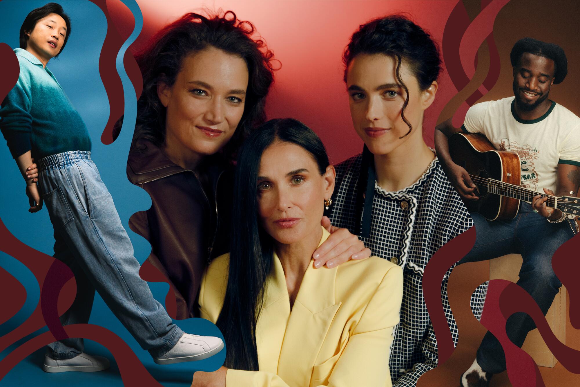 From left, Jimmy O. Yang, Coralie Fargeat, Demi Moore, Margaret Qualley and Shaboozey.