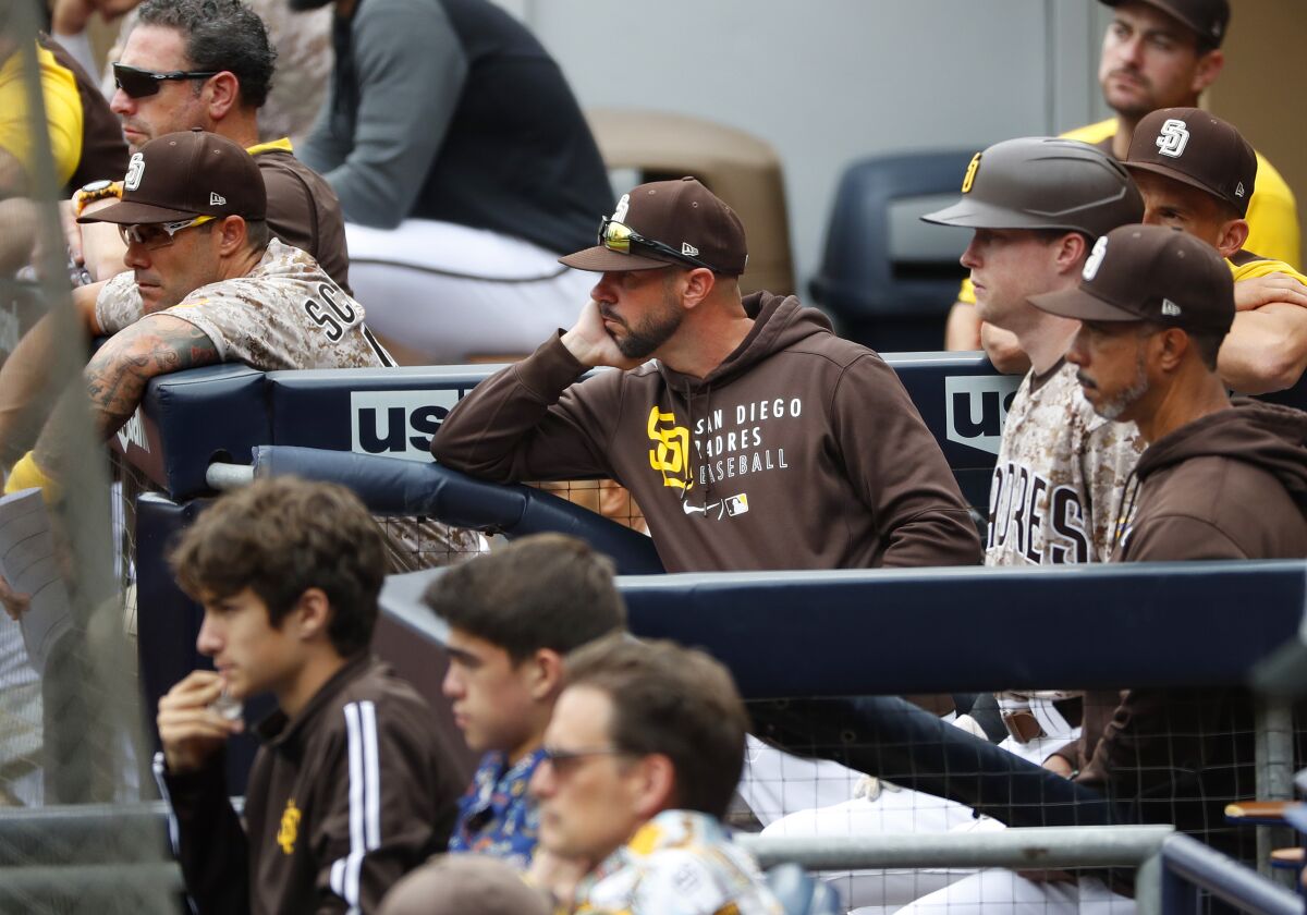 Padres manager Jayce Tingler looks on during Sunday's game against the Atlanta Braves.
