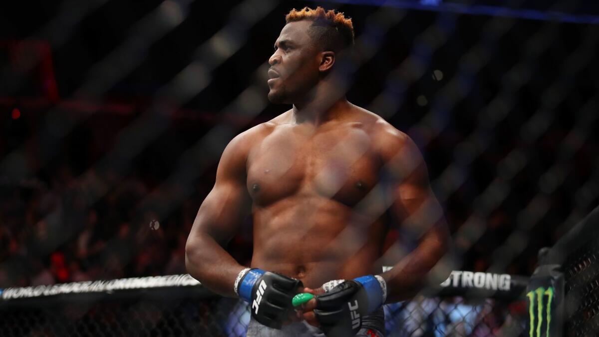 Francis Ngannou of France celebrates his victory over Alistair Overeem at UFC 218 on Dec. 2 in Detroit.
