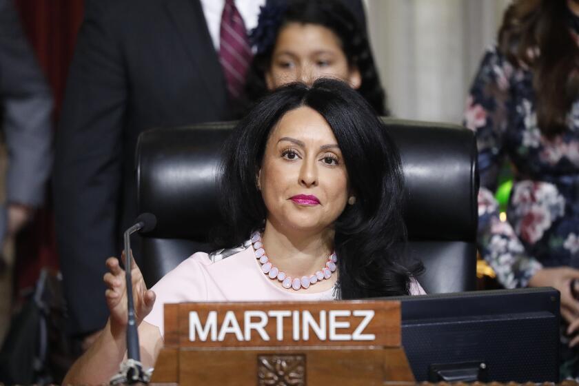 LOS ANGELES, CA - DECEMBER 03, 2019 Los Angeles City Councilwoman Nury Martinez listens as fellow Council members vote to elect her as City Council President which makes her the first Latina president in Los Angeles City Council history. (Al Seib / Los Angeles Times)