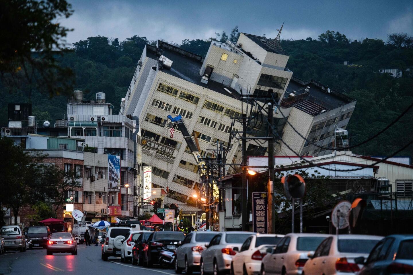 The Yun Tsui building leaning to one side after an overnight earthquake in the Taiwanese city of Hualien.