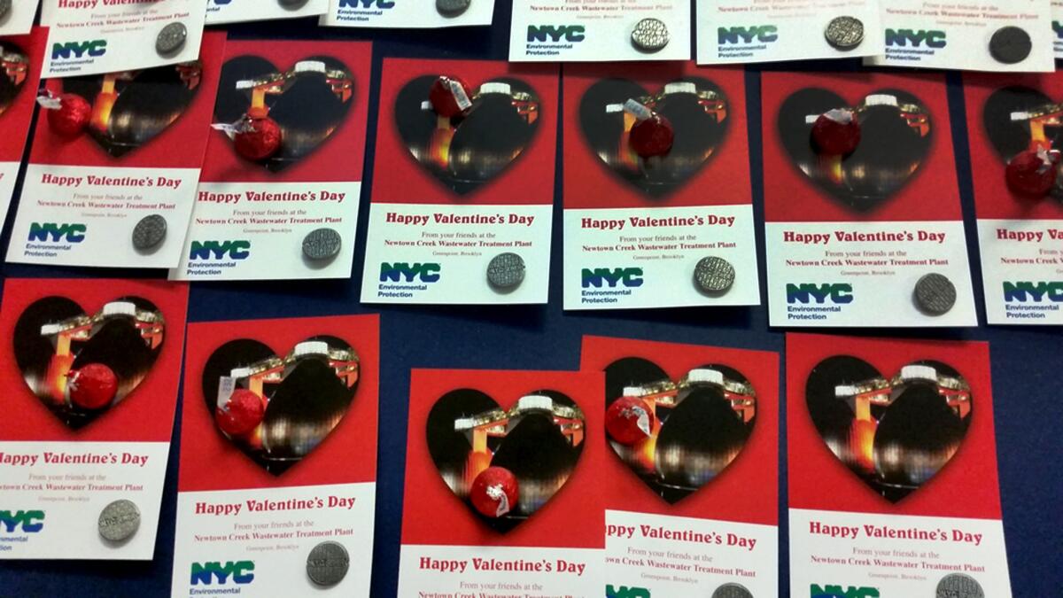 Souvenirs given to participants in a Valentine's Day tour of the Newtown Creek Wastewater Treatment Plant.