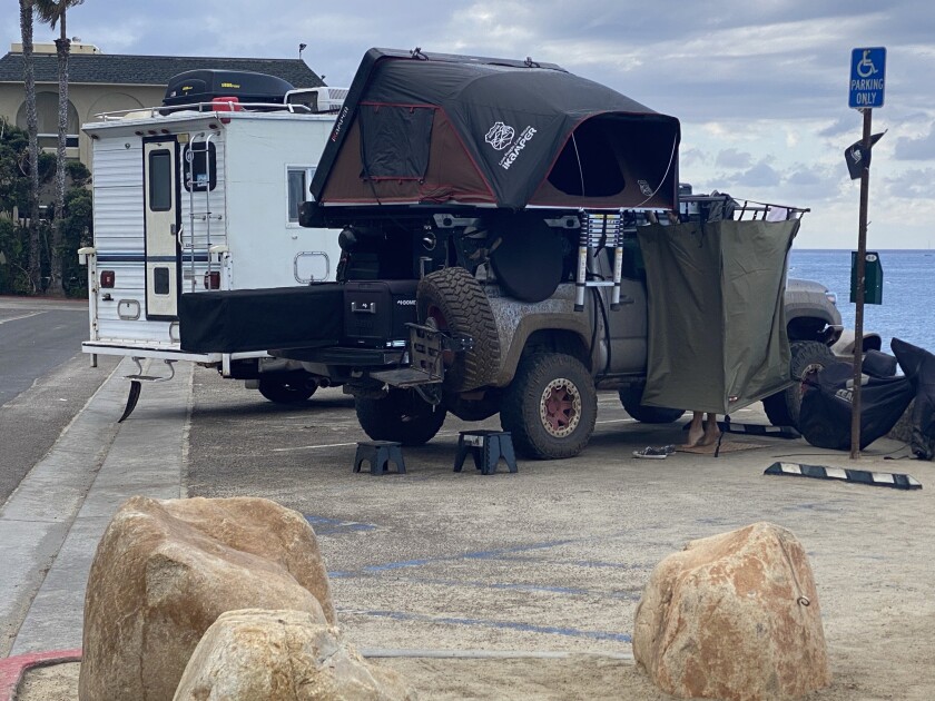 Camper vans are seen near La Jolla's Windansea Beach.