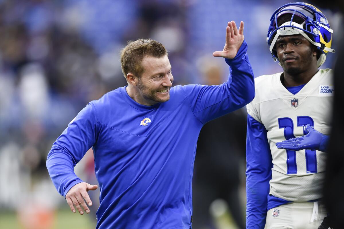 Rams coach Sean McVay celebrates after defeating the Baltimore Ravens on Sunday.