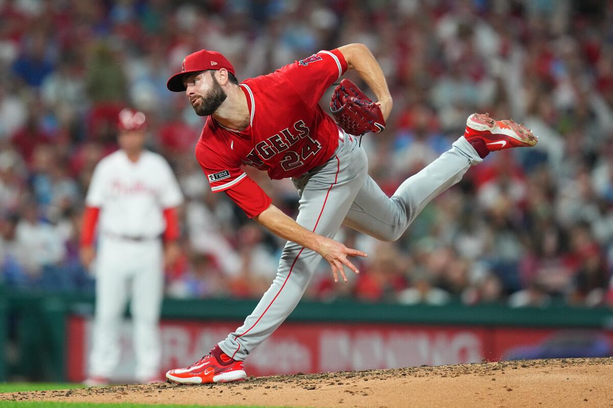 Lucas Giolito delivers for the Angels during a game against the Philadelphia Phillies on Aug. 28.