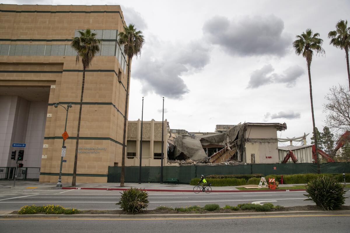 The view of the LACMA demolition from Wilshire Boulevard on Tuesday.