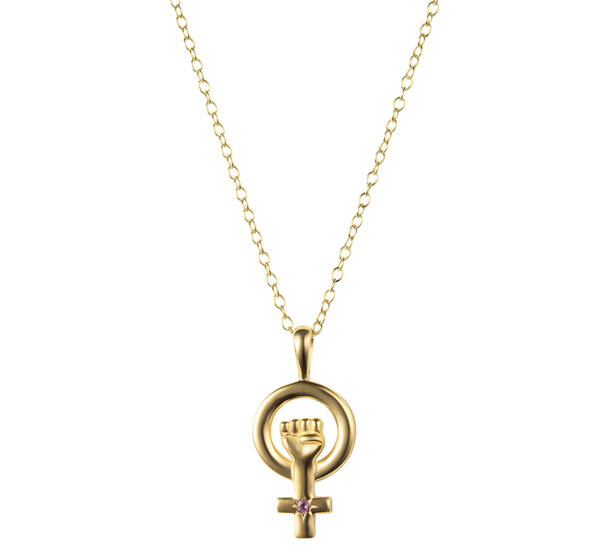 The gold woman power necklace from Awe Inspired features a clenched fist mixed with the Venus symbol