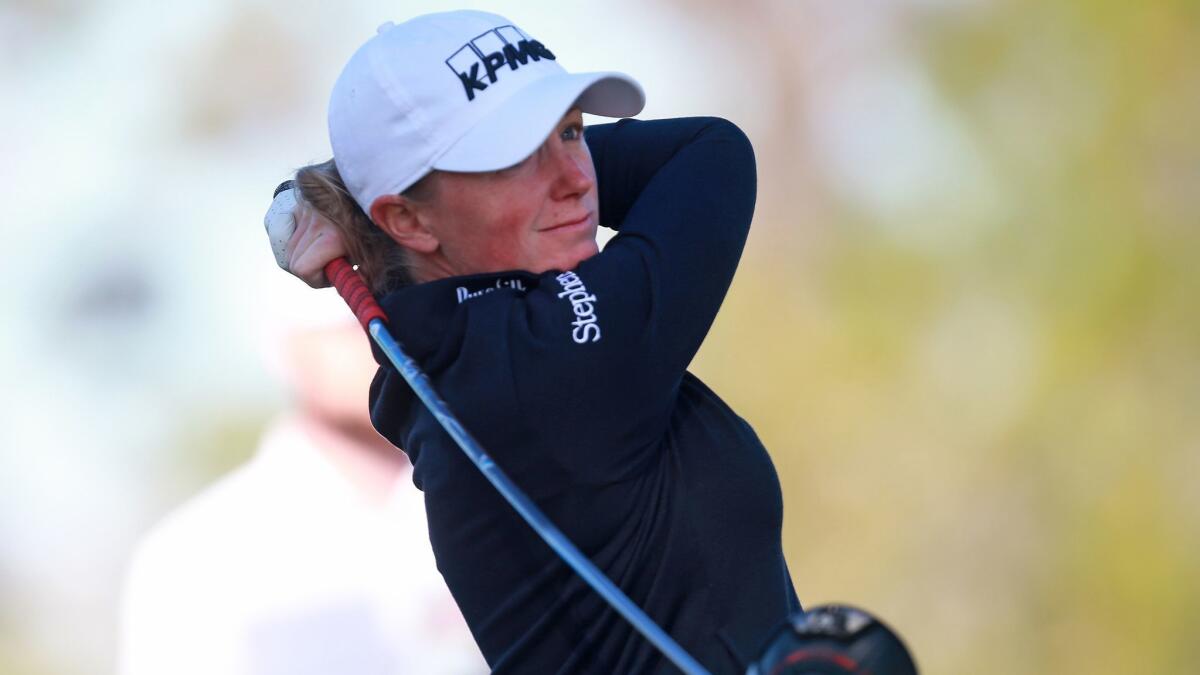 Stacy Lewis watches her tee shot on the fourth hole during the first round of the Diamond Resorts Tournament of Champions at Tranquilo Golf Course at Four Seasons Golf and Sports Club Orlando on January 17, 2019 in Lake Buena Vista, Florida.