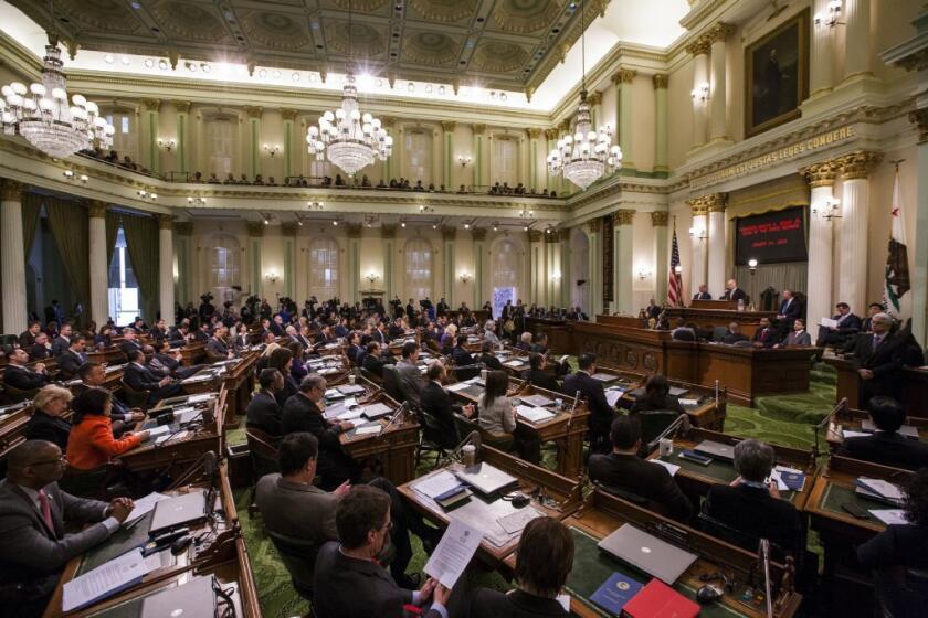 Members of the California Legislature listen to Gov. Jerry Brown deliver his State of the State address in January. A bill on the governor's desk would update the way Californians can check on a candidate's campaign contributions.