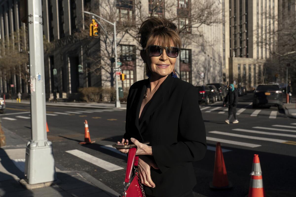 Former Alaska Gov. Sarah Palin arrives at federal court in New York.
