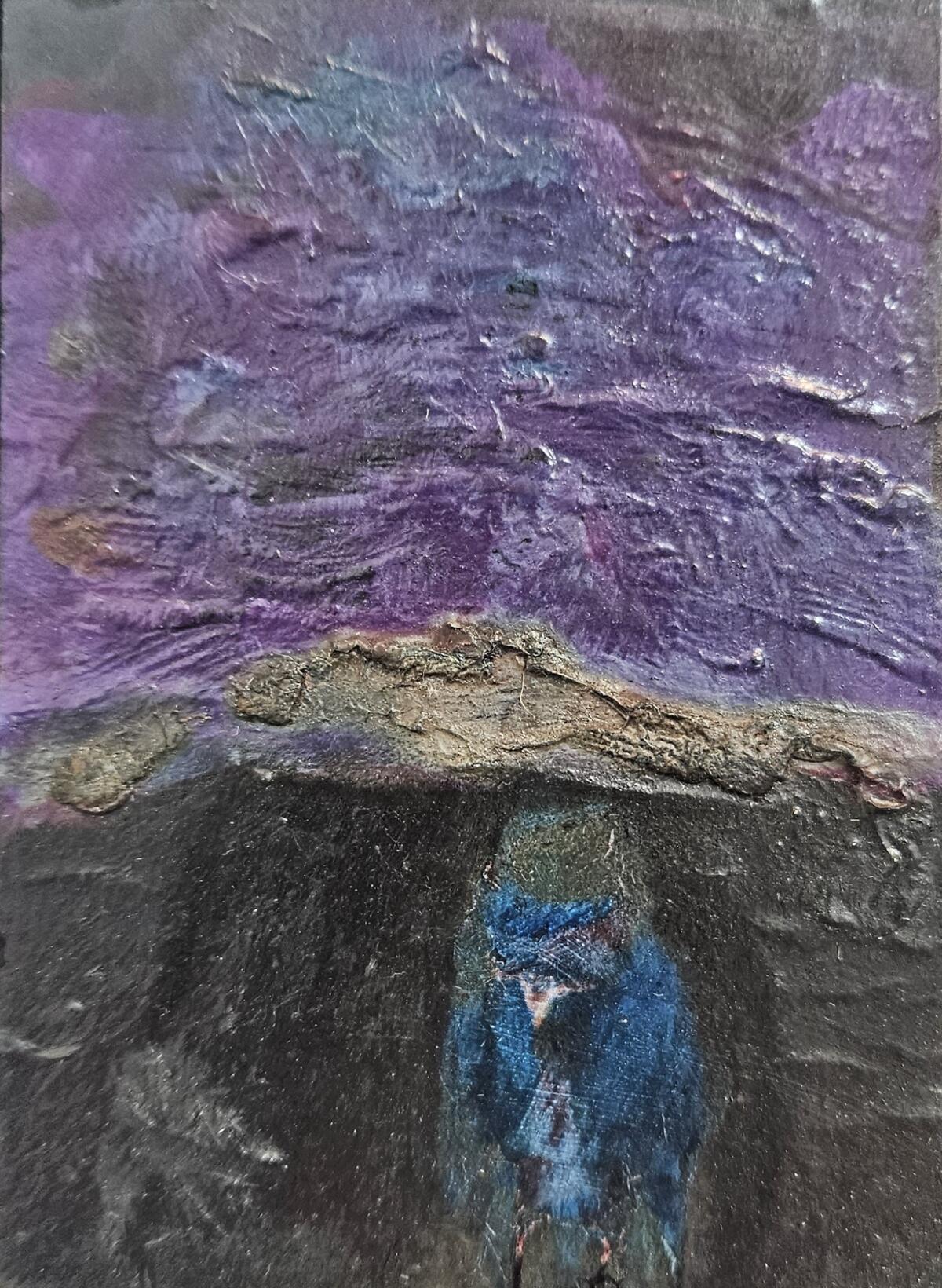 An oil painting of a blue bird set against atmospheric black, gray and purple. 