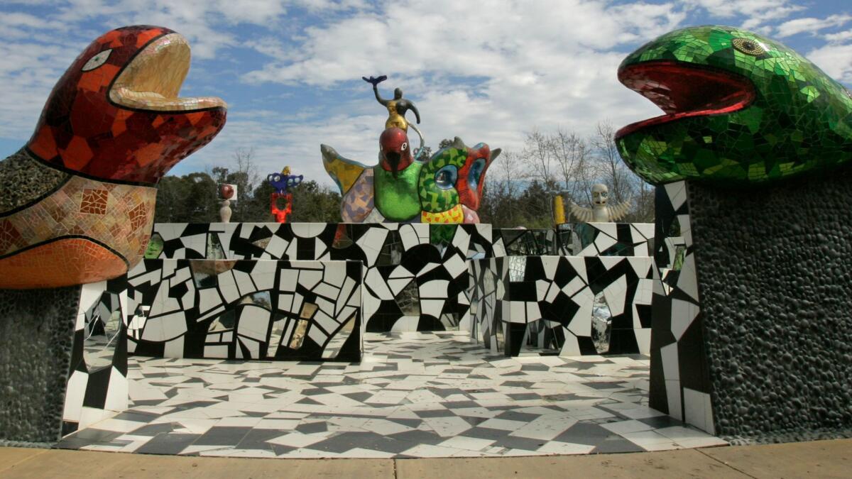 View of the main entrance of "Queen Califia's Magical Circle," a sculptural garden by Niki De Saint Phalle at Escondido's Kit Carson Park.