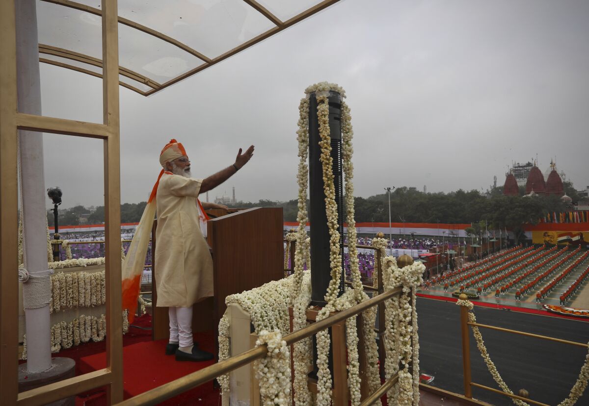 Indian Prime Minister Narendra Modi speaks from the ramparts of the historic Red Fort monument on Independence Day in New Delhi, India, Saturday, Aug. 15, 2020. (AP Photo/Manish Swarup)