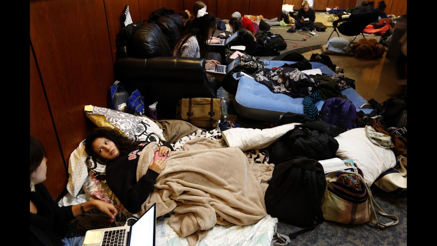 Between 70 and 120 students each night have been camping in the administration building to protest Occidental's handling of diversity issues.