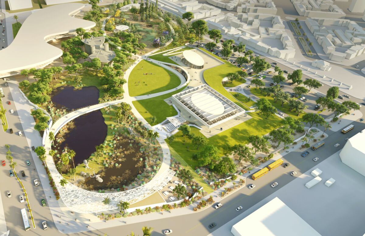An artist's rendering of the project design shows sweeping pathways through greenspace