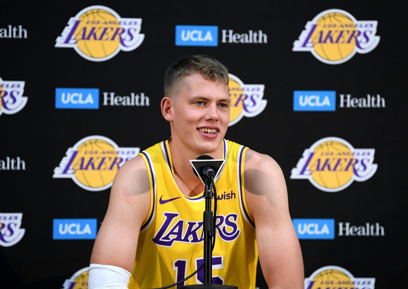 EL SEGUNDO, CA - SEPTEMBER 24: Moritz Wagner of the Los Angeles Lakers speaks to the press during the Los Angeles Lakers Media Day at the UCLA Health Training Center on September 24, 2018 in El Segundo, California. (Photo by Harry How/Getty Images) ** OUTS - ELSENT, FPG, CM - OUTS * NM, PH, VA if sourced by CT, LA or MoD **