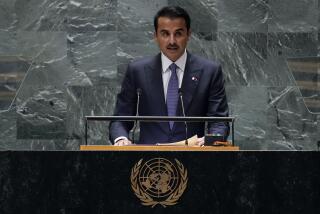 FILE - Qatar's ruling emir Sheikh Tamim bin Hamad Al Thani addresses the 79th session of the United Nations General Assembly, Tuesday, Sept. 24, 2024. (AP Photo/Richard Drew, File)