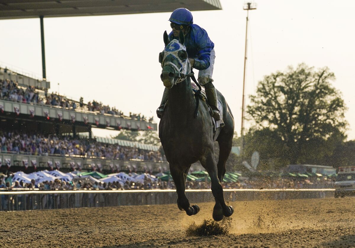 Essential Quality (2), with jockey Luis Saez up, crosses the finish line to win the 153rd Belmont Stakes on June 5, 2021.