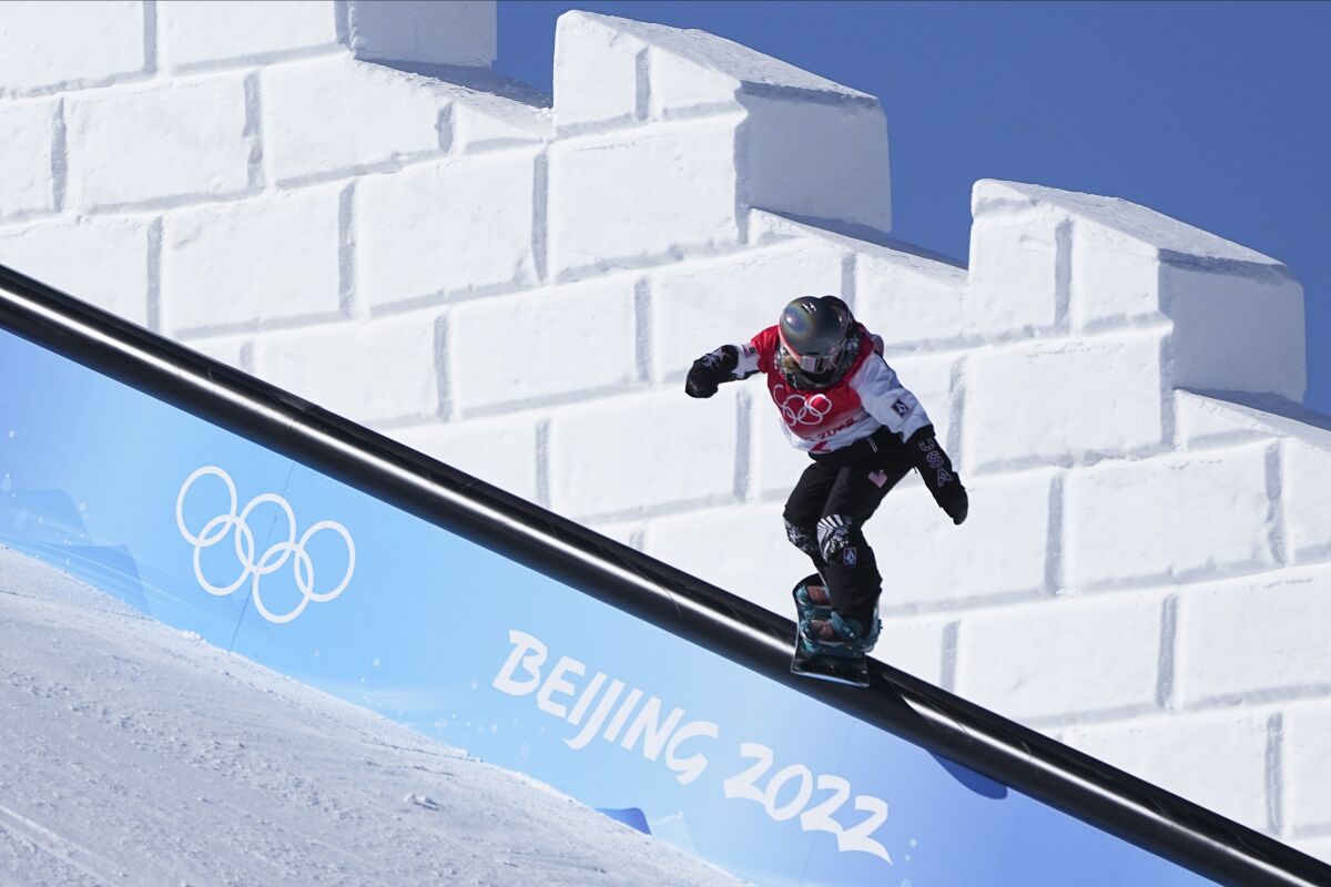 United States' Jamie Anderson competes during the women's slopestyle qualifying at the 2022 Winter Olympics, Saturday, Feb. 5, 2022, in Zhangjiakou, China. (AP Photo/Gregory Bull)