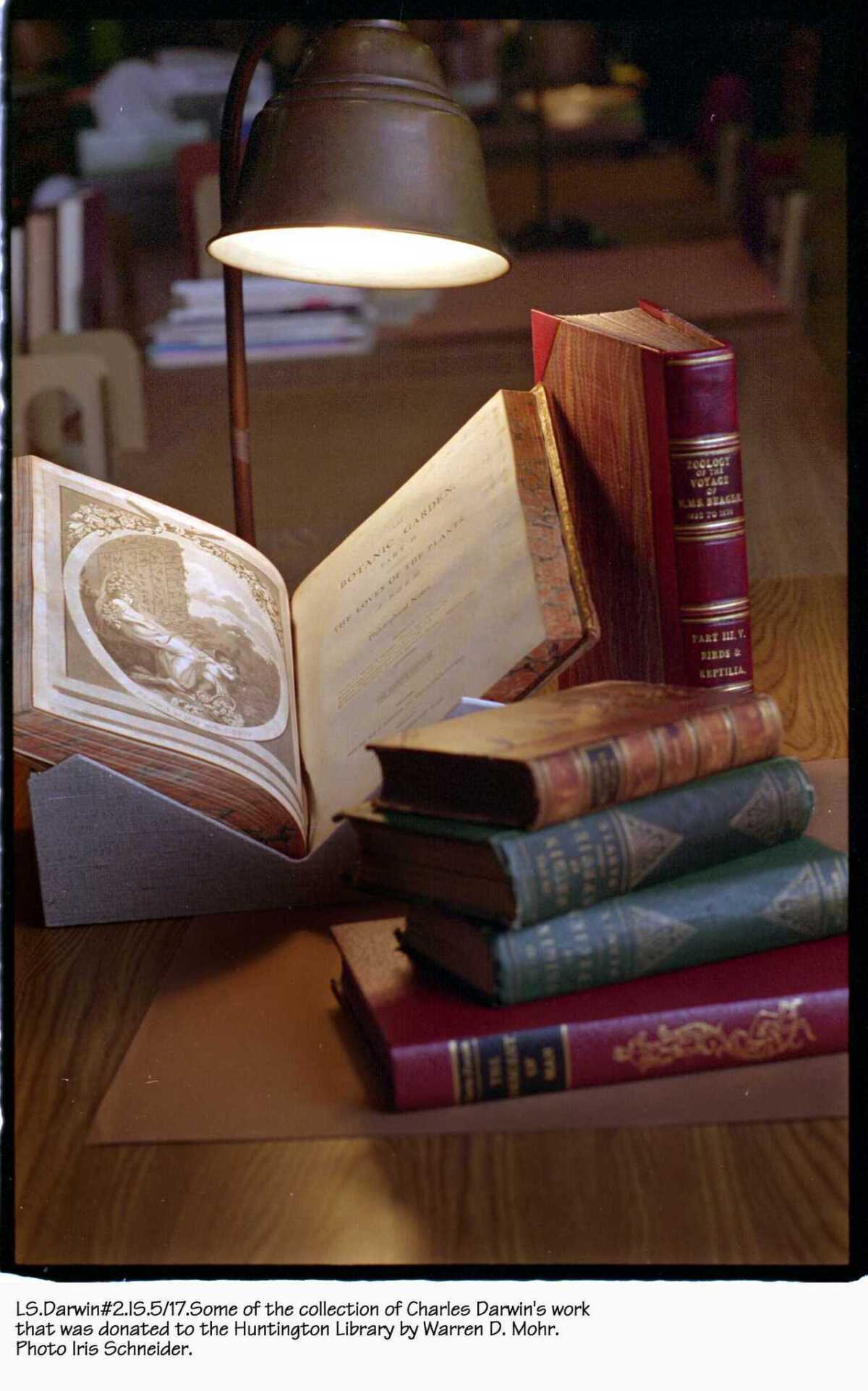 Some of the collection of the works of Charles Darwin donated to the Huntington Library by Warren D. Mohr. Photo Iris Schneider.