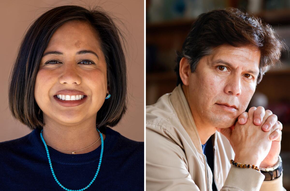 Side-by-side portraits of a woman with shoulder-length dark brown hair and a man with dark hair, hands clasped