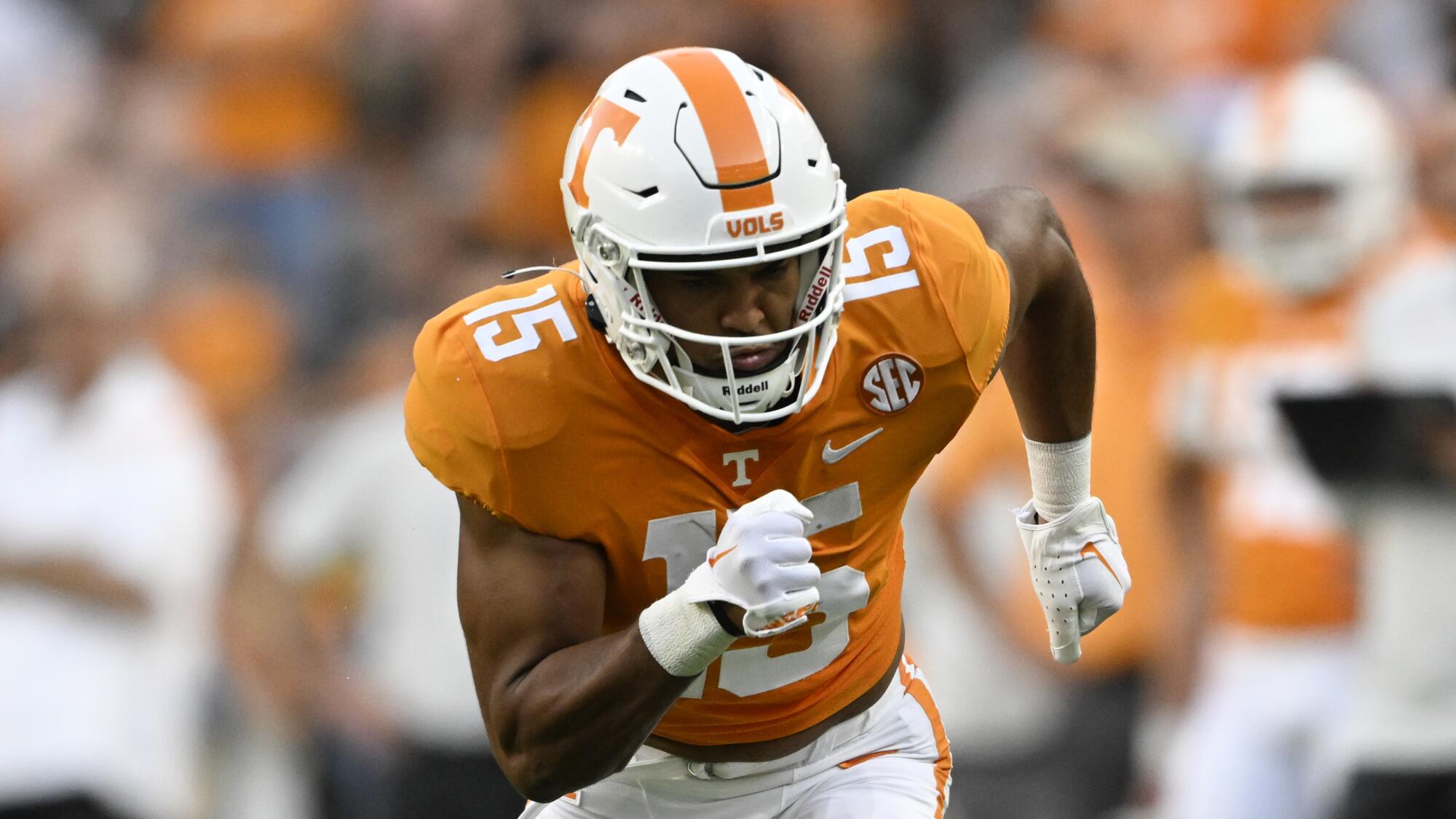 Tennessee wide receiver Bru McCoy lines up and runs on the field.