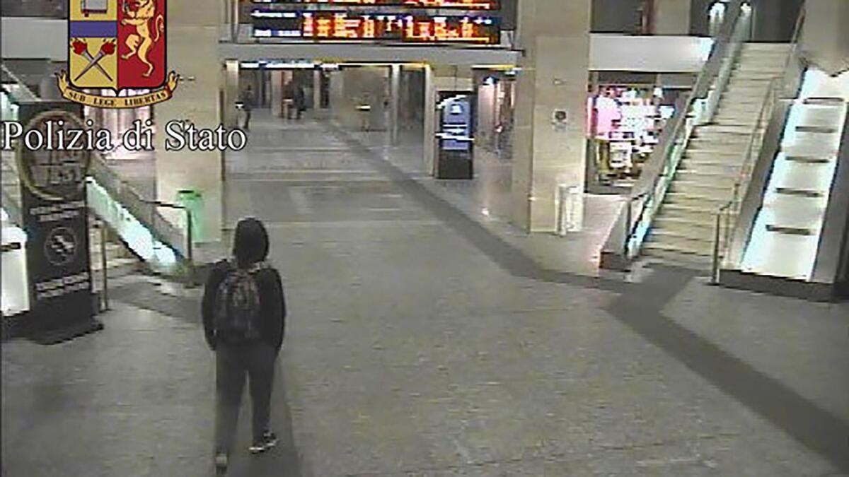 A handout photo released by the Italian Police is believed to show Anis Amri, the suspected Berlin truck attacker, in a CCTV frame grab taken on Dec. 22, 2016, at the Torino Porta Nuova railway station in Turin.