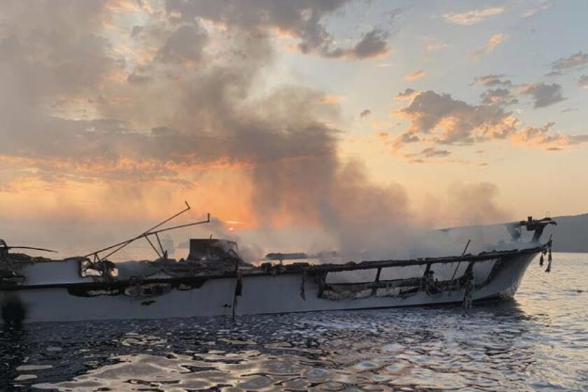 Figure 12. Small passenger vessel Conception at sunrise prior to sinking. (Source: VCFD)-Ventura, California-NTSB report on the Fire Aboard Small Passenger Vessel Conception Platts Harbor, Channel Islands National Park, Santa Cruz Island, 21.5 miles South-Southwest of Santa Barbara, California September 2, 2019 (NTSB)