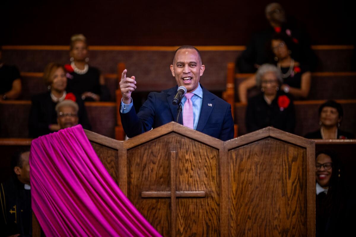 House Minority Leader Hakeem Jeffries speaks during a service at First AME Church on Sunday.