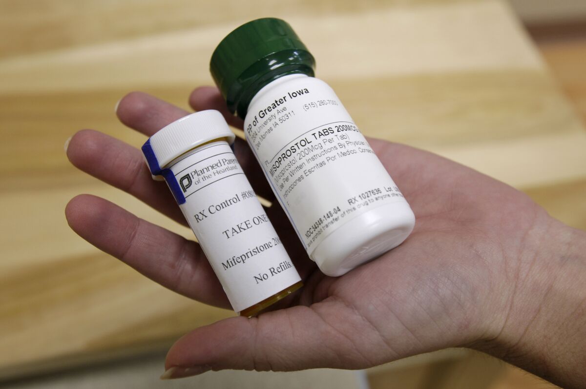 Bottles of the abortion-inducing drug mifepristone at a clinic in Des Moines, Iowa. 