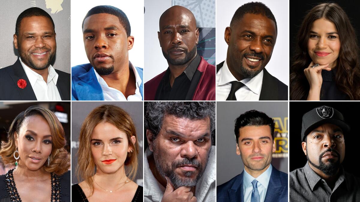 Academy invitees include, top row, from left: Anthony Anderson, Chadwick Boseman, Morris Chestnut, Idris Elba, America Ferrera. Bottom row, from left: Vivica A. Fox, Emma Watson, Luis Guzmán, Oscar Isaac and O'Shea "Ice Cube" Jackson.