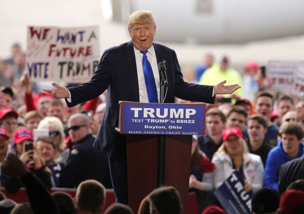 Donald Trump speaks at a campaign rally Saturday in Vandalia, Ohio.