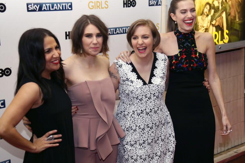 From left, actresses Jenni Konner, Zosia Mamet, Lena Dunham and Allison Williams at the British premiere of the third season of "Girls" in London.