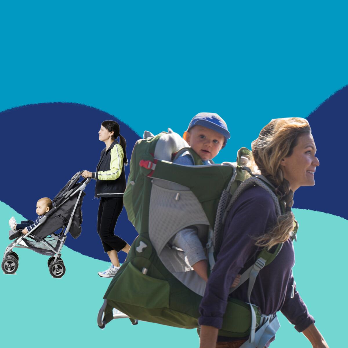 Illustration of a woman pushing a stroller and a woman with a baby in a backpack