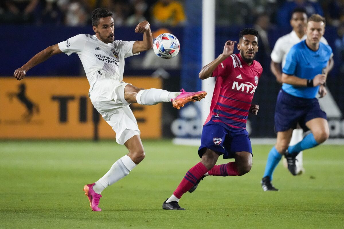 Los Angeles Galaxy midfielder Sebastian Lletget left in a game against the FC Dallas Wednesday, July 7, 2021.