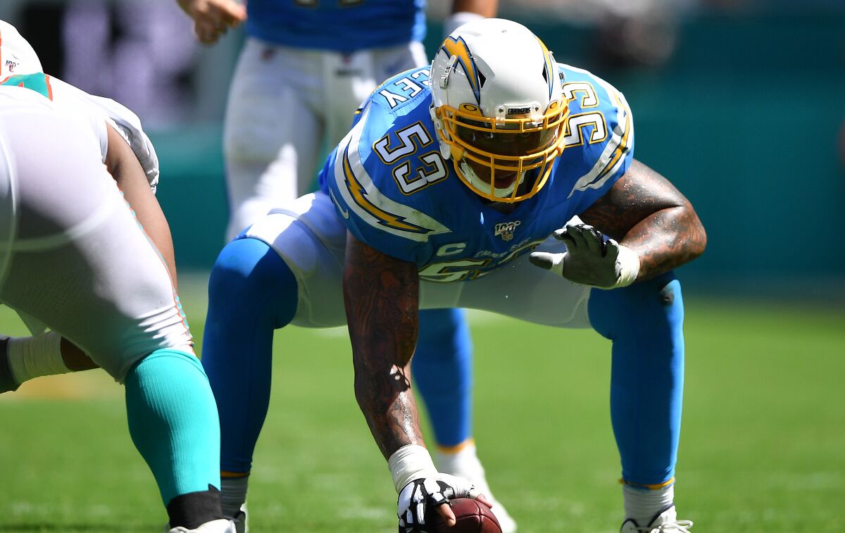 Chargers center Mike Pouncey gets ready for a play.