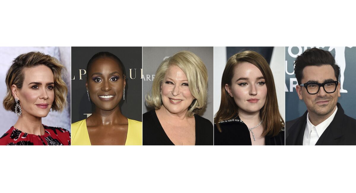 This combination of images shows actors, from left, Sarah Paulson, Issa Rae, Bette Midler, Kaitlyn Dever and Dan Levy who will star in the HBO comedy "Coastal Elites," premiering September 12. (AP Photo)