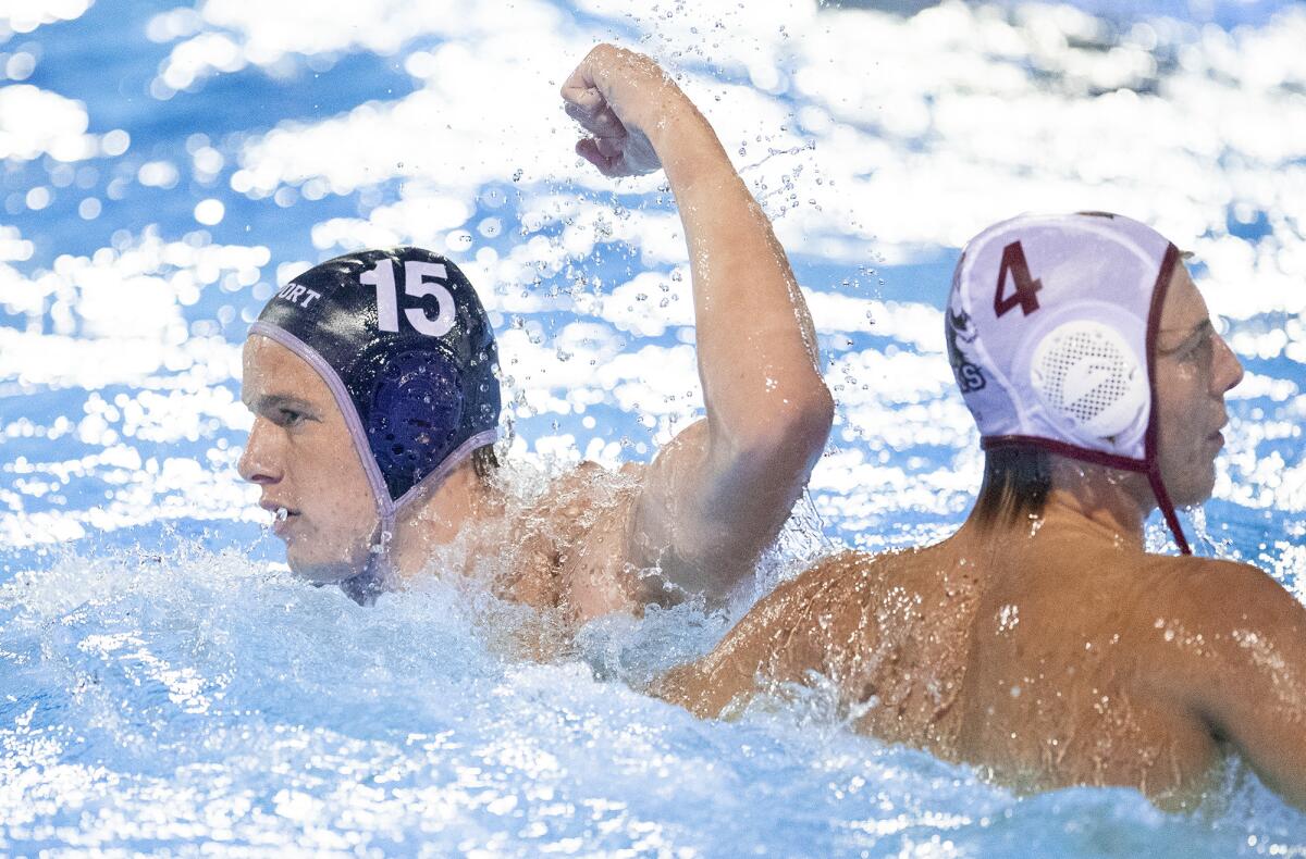 Newport Harbor's Tommy Kennedy (15), pictured celebrating after scoring a goal against Westlake Village Oaks Christian on Nov. 7, 2018, led the Sailors to a 14-8 win at Foothill on Tuesday.