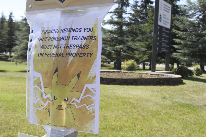 A sign at the National Weather Service in Anchorage, Alaska, informs "Pokemon Go" players that it's illegal to trespass on federal property.