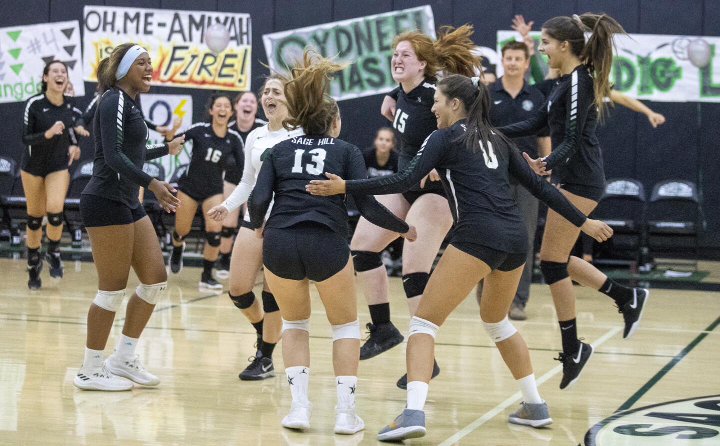 Sage Hill celebrates after sweeping St. MargaretÕs 3-0 during a San Joaquin League match on Tuesday, October 9.