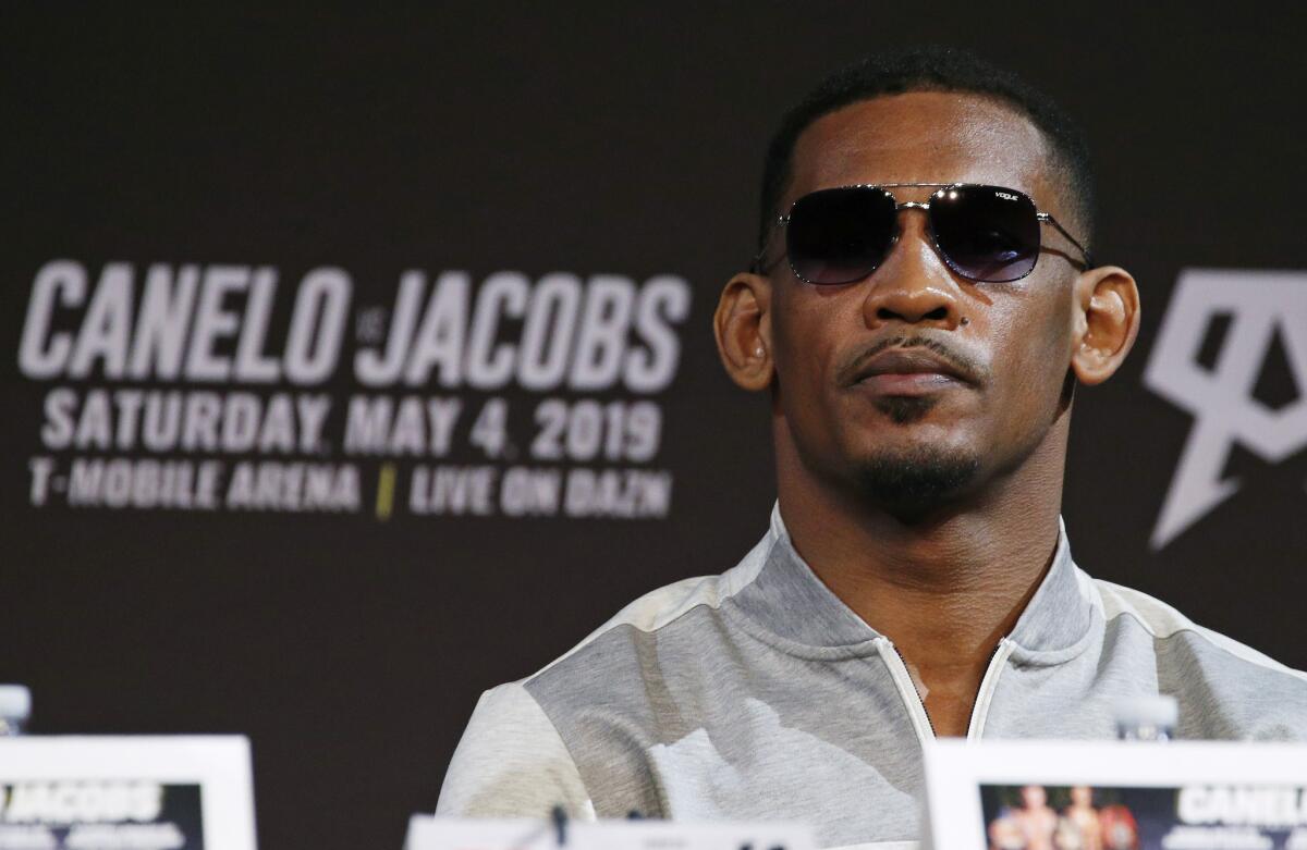 Daniel Jacobs attends a news conference for a middleweight title boxing match against Canelo Alvarez, Wednesday, May 1, 2019, in Las Vegas. The two are scheduled to fight Saturday in Las Vegas.