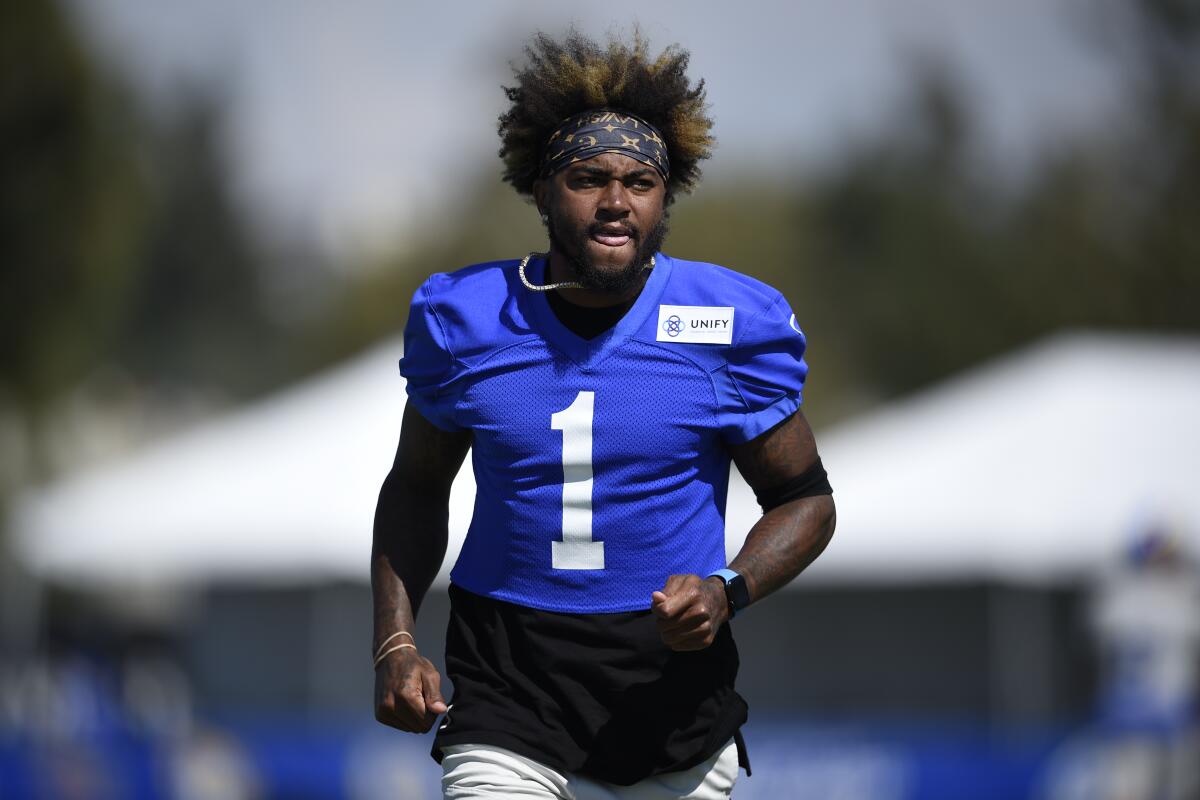 Rams wide receiver DeSean Jackson warms up before a training camp session in July.