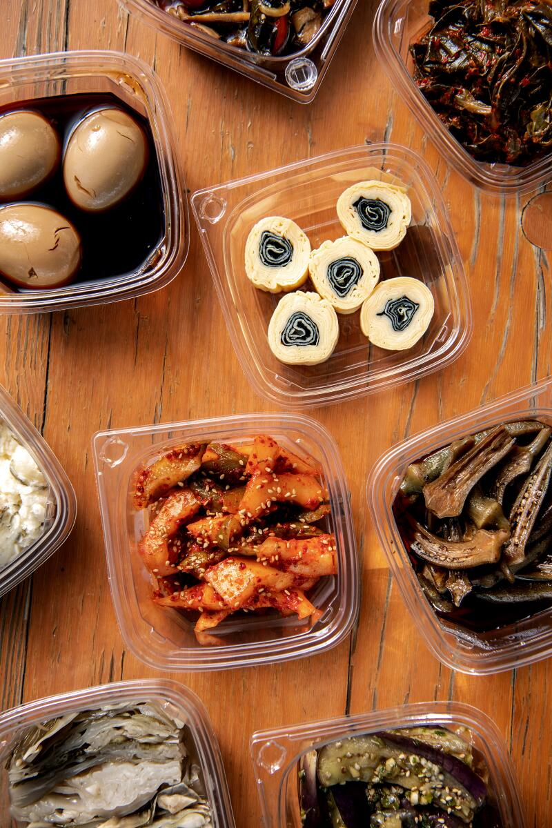 An array of banchan from Perilla L.A.