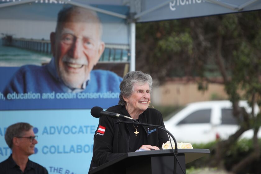 Mary Coakley Munk addresses the crowd on "Ocean Awareness Day" on Oct. 15 in Kellogg Park in La Jolla Shores.
