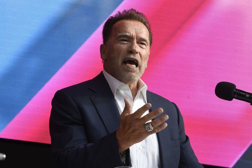 Arnold Schwarzenegger talks about Digital Sustainability during the Digital X conference in Cologne, Germany, on Sept. 7.