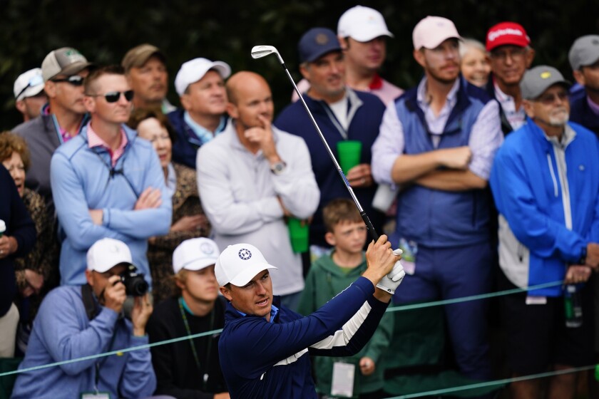 Jordan Spieth hits on the 16th hole during a practice round for the Masters golf tournament on Tuesday, April 5, 2022, in Augusta, Ga. (AP Photo/Matt Slocum)