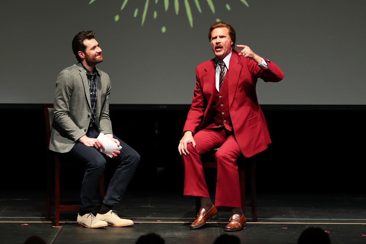 Billy Eichner and Ron Burgundy (Will Ferrell) "Glam Up the Midterms" at the Oceanside High School Performing Arts Center.