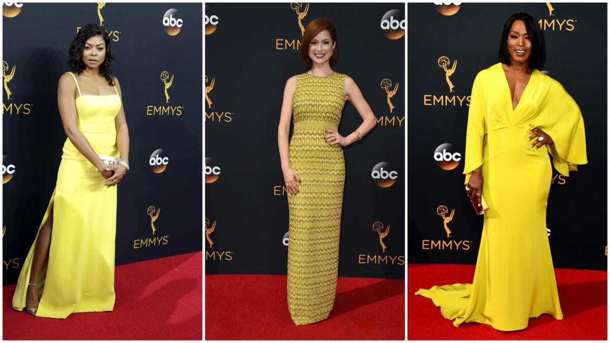 Taraji P. Henson in a yellow, double silk georgette column gown with architectural seaming and matching side slit accents by Vera Wang, Ellie Kemper in Jenny Packham and Angela Bassett in Christian Siriano.