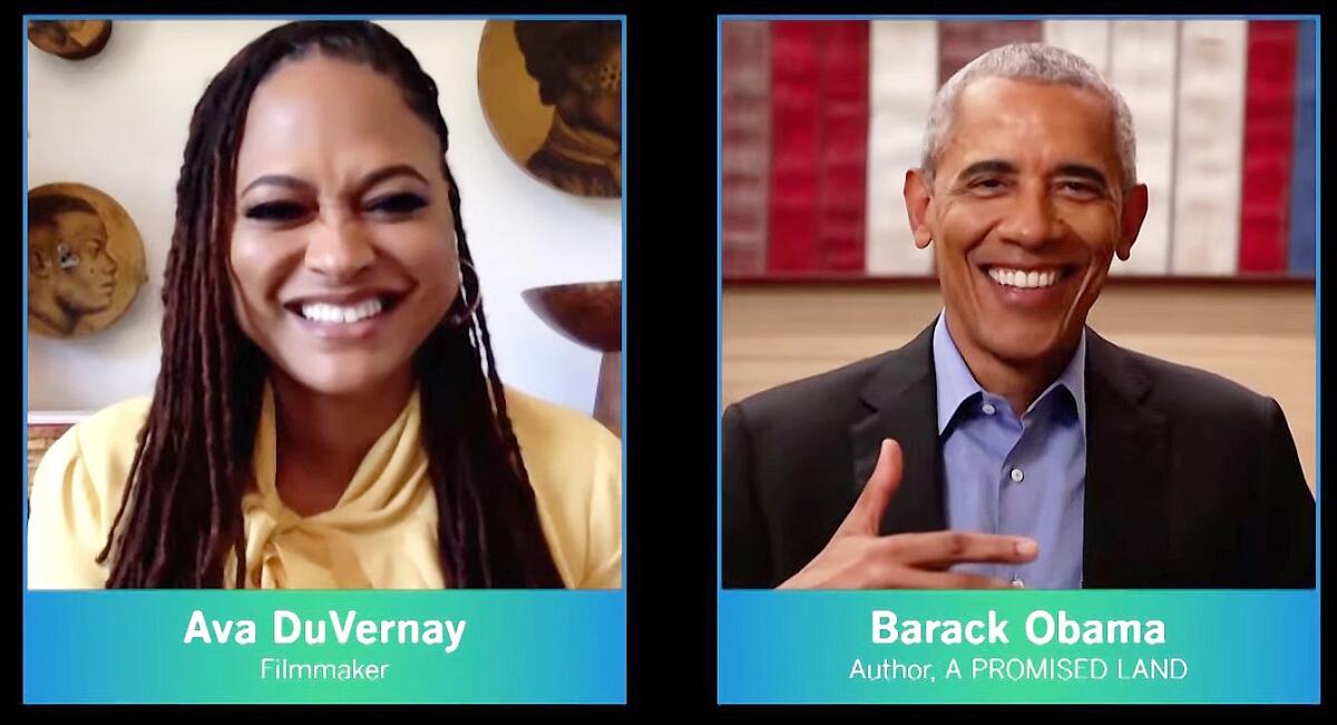 Former President Obama and filmmaker Ava DuVernay at the L.A. Times Book Club.