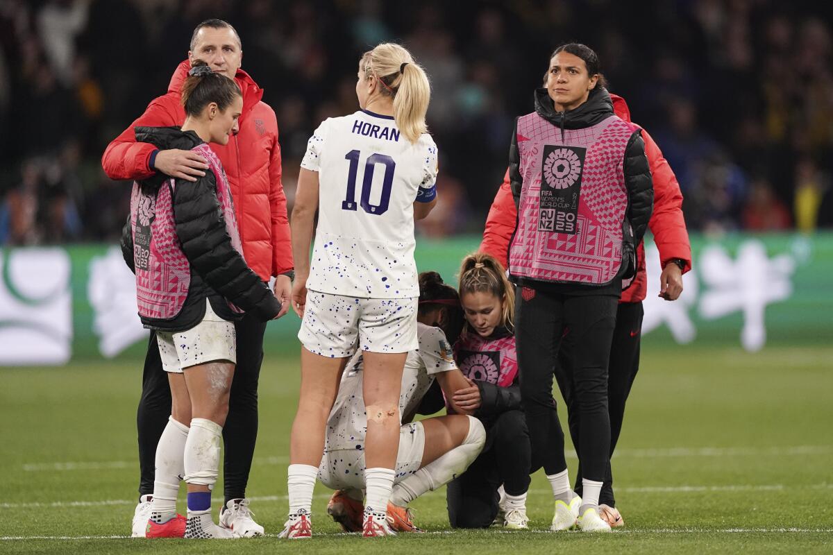 Members of the U.S. women's soccer team after they were eliminated by Sweden.